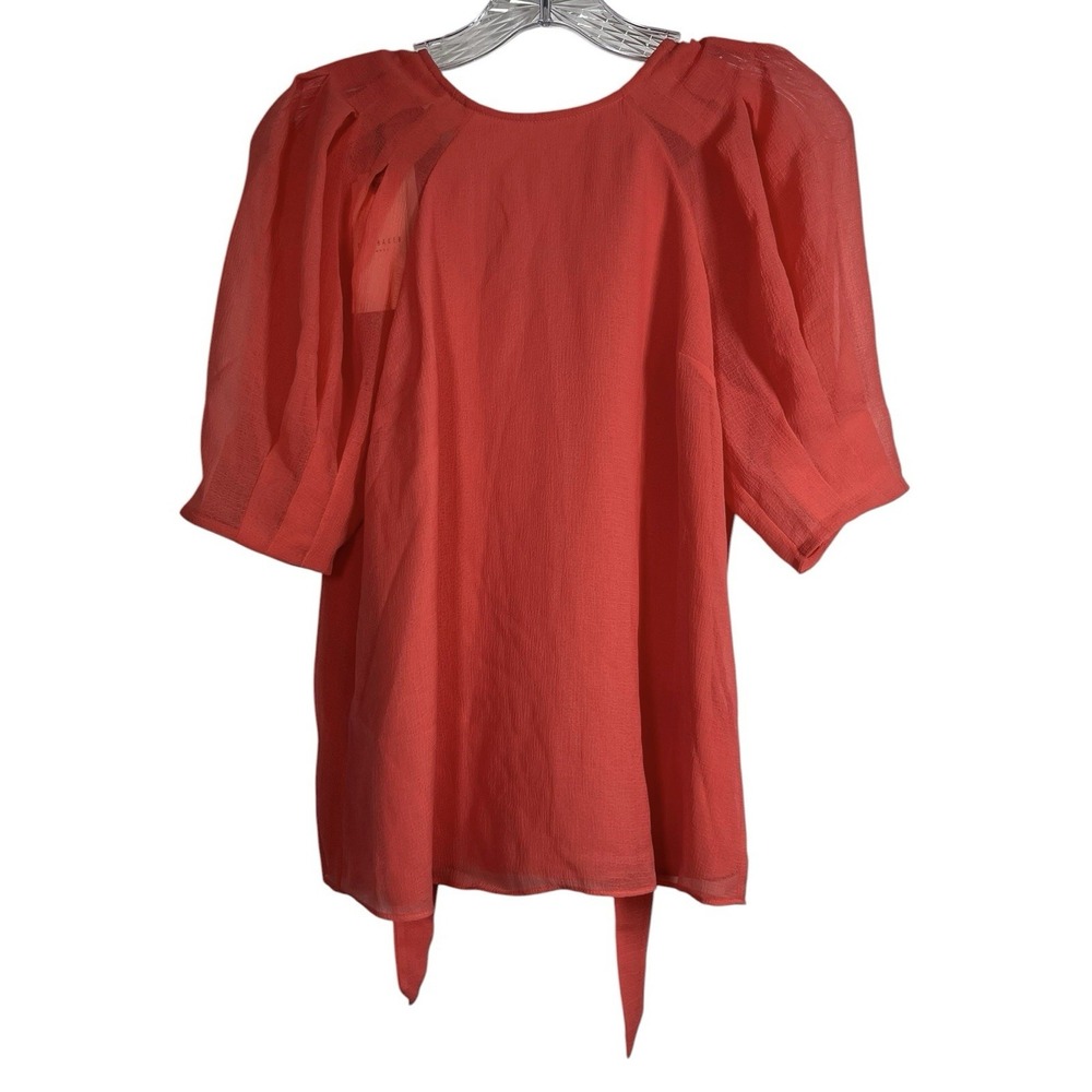 NWT TED BAKER Sz S Natelie Coral Boxy Top Puff Sleeve Tie Neck Pleated Sheer New